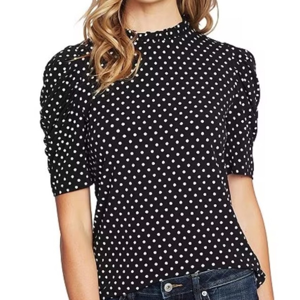 CeCe Polka Dot Puff Sleeve Top  BLACK, Large